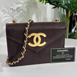 Chanel Vintage Brown Lizard Skin & Gold CC Logo Envelope Flap Bag Regular prices